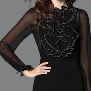 N By Nancy Black Ruffle Sheer Blouse Embellished Neck Long Sleeve Top size Large